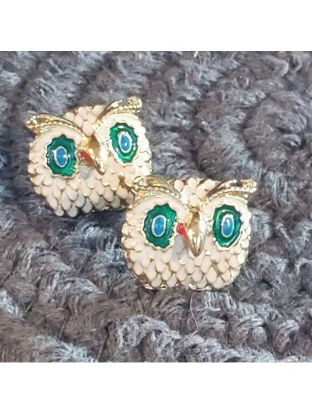 New Vintage Stock Enameled Cream Green Gold Owl Earrings